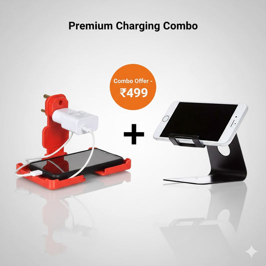Premium Charging Combo – 3-Pin Wall Holder + Aluminium Metal Mobile Stand